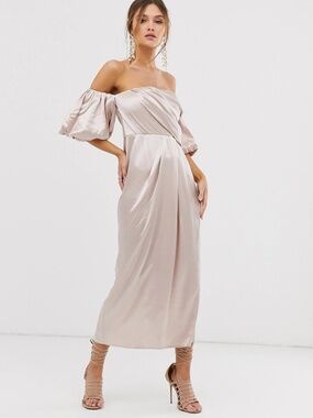 Stunning ASOS EDITION Drape Off-shoulder Midi Dress in champagne color